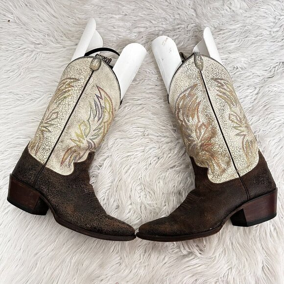 Justin Boots Women’s Western Cowboy Boots Sz 5.5B Distressed Leather Cream Brown - Picture 6 of 11